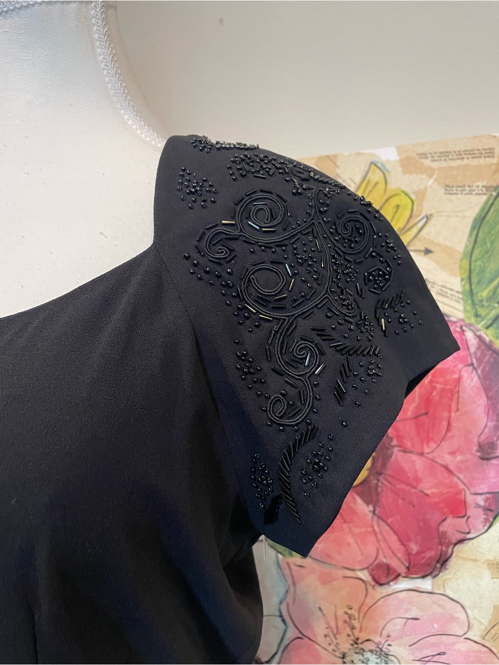 Mariana Black Midi Dress with Beaded Cap Sleeves Size 8